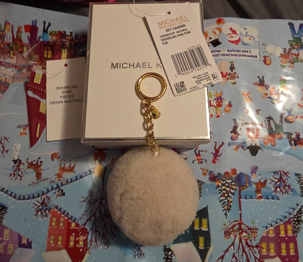 Michael Kors Cream Shearling Pom Pom Keychain